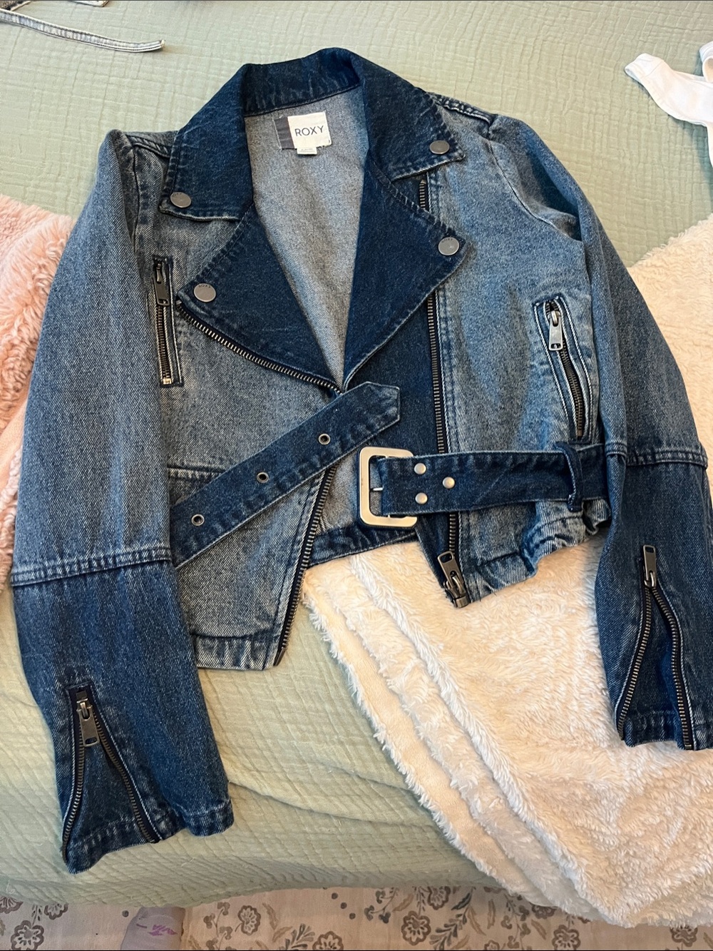 Roxy Two-Tone Dark Blue Denim Moto Jacket